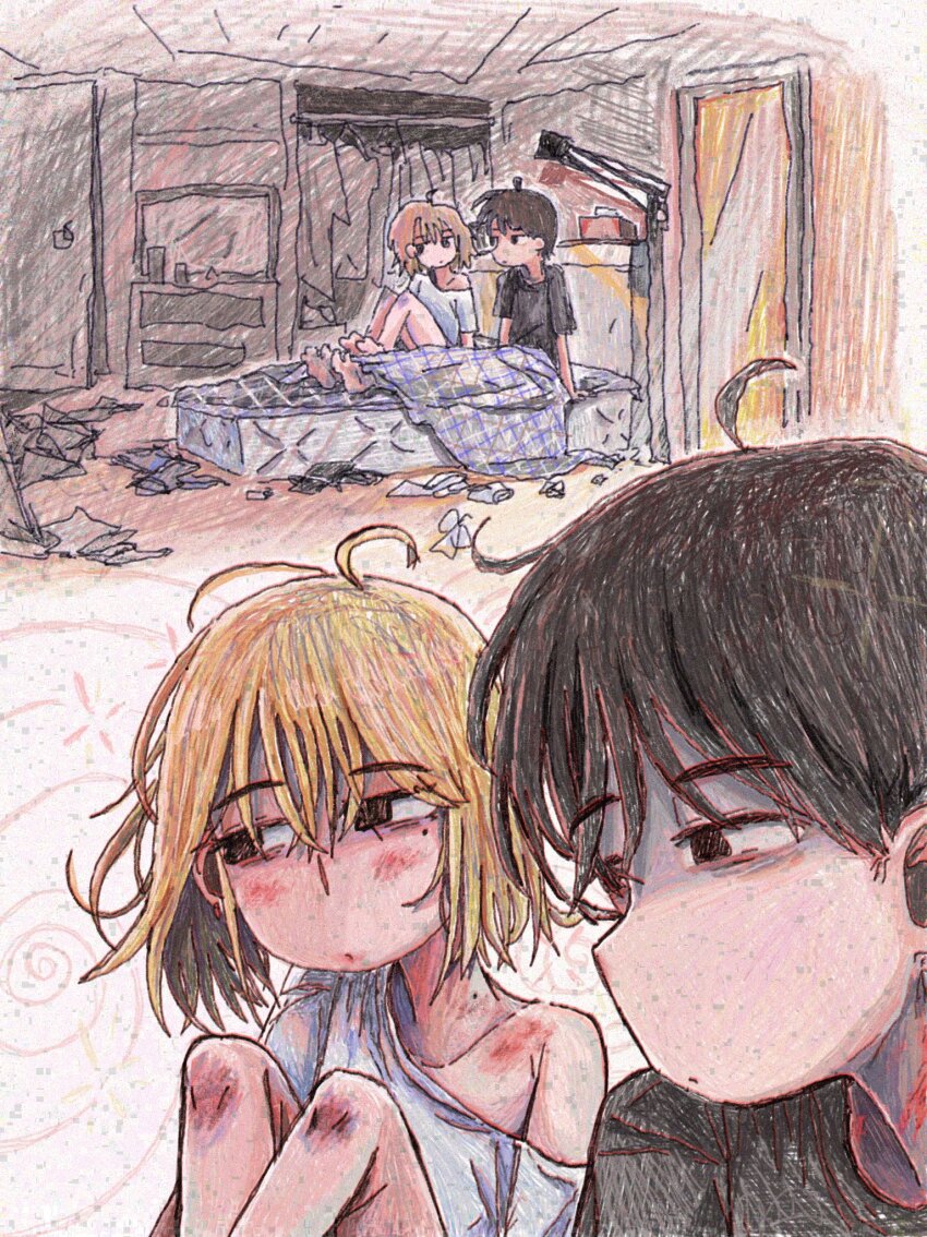 1boy 1girl barefoot bed bed_sheet bedroom black_hair black_skirt blonde_hair blush close-up couple hetero hickey highres implied_after_sex indoors knees looking_to_the_side lying mattress messy_hair messy_room multiple_views on_bed original shirt shy single_bare_shoulder sitting skirt sleepzzz television trash white_shirt