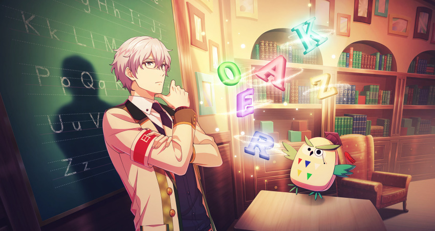 1boy alphabet armband bird black_necktie chair chalkboard collared_shirt crossed_arms finger_to_own_chin fingernails glasses grey_hair hazama_michio highres idolmaster idolmaster_side-m idolmaster_side-m_growing_stars letter long_sleeves male_focus necktie official_art owl picture_frame shirt teacher