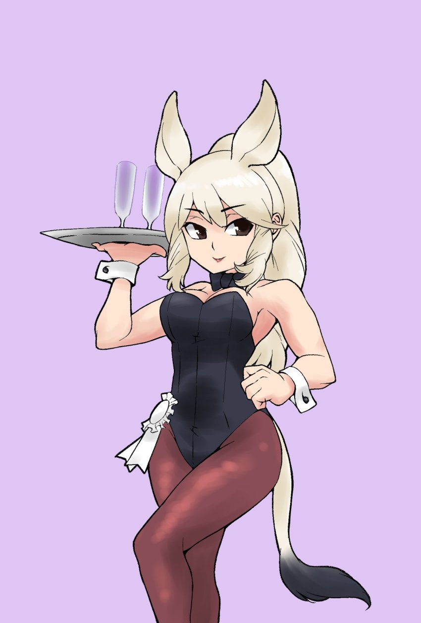 1girl alternate_costume animal_ears black_bow black_bowtie black_leotard black_pantyhose bow bowtie brown_eyes commentary_request cowboy_shot cup drinking_glass extra_ears gravi_pig4891 highres kemono_friends leotard pantyhose playboy_bunny ponytail rhinoceros_ears rhinoceros_girl short_hair solo strapless strapless_leotard tail tray white_hair white_rhinoceros_(kemono_friends) wrist_cuffs
