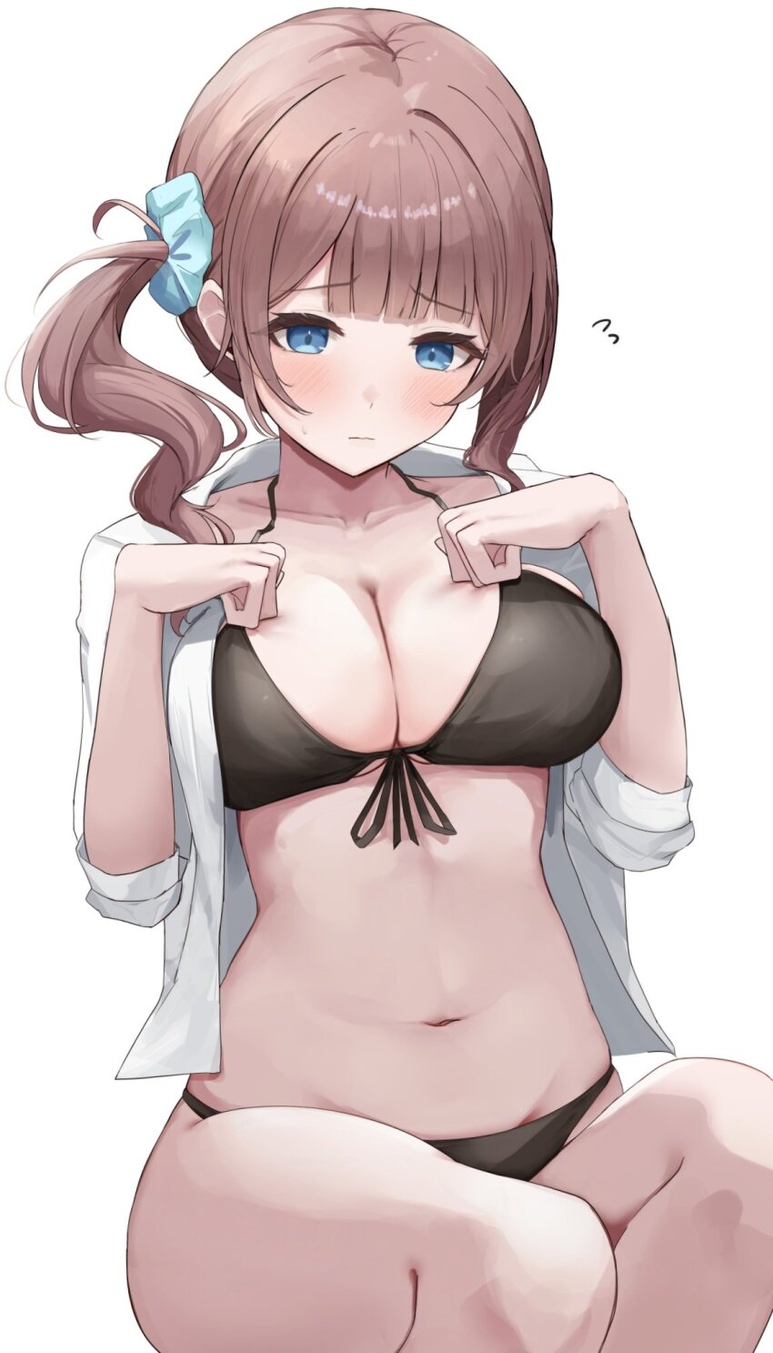 1girl asymmetrical_sidelocks bare_legs bikini black_bikini blue_eyes blunt_bangs blush breasts brown_hair cleavage closed_mouth collarbone commentary_request front-tie_bikini_top front-tie_top hair_ornament hair_scrunchie hands_on_own_chest hands_up highres kunizaki large_breasts looking_at_viewer medium_hair mochizuki_honami navel open_clothes open_shirt project_sekai scrunchie shirt side_ponytail sidelocks simple_background sitting sleeves_pushed_up solo stomach swimsuit thighs white_background white_shirt