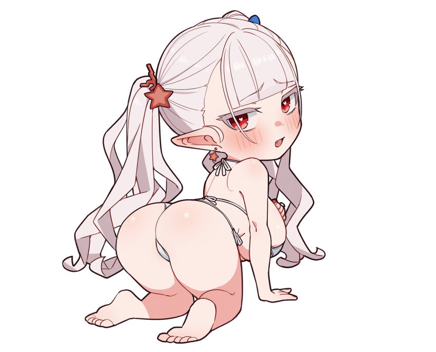 1girl arm_support ass barefoot bent_over bikini blunt_bangs blush breasts chibi colored_eyelashes draculina_(last_origin) earrings fangs from_behind huge_breasts jewelry last_origin long_hair looking_at_viewer miman_(hasutaro_stream) mini_person minigirl official_alternate_costume open_mouth pointy_ears red_eyes shortstack simple_background solo star_(symbol) star_earrings swimsuit twintails very_long_hair white_background white_hair