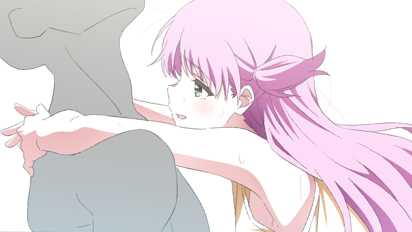 1boy 1girl bare_shoulders from_side grey_eyes hetero highres hug katou_umi long_hair looking_at_another open_mouth papiyon1297 pink_hair profile simple_background sketch smile straddling summer_pockets sweat upper_body upright_straddle white_background