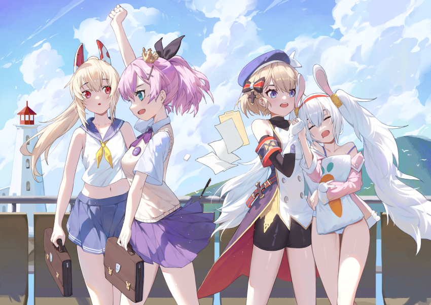 4girls ayanami_(azur_lane) azur_lane blue_skirt blue_sky high_ponytail highres javelin_(azur_lane) javelin_(slow_ahead!)_(azur_lane) laffey_(azur_lane) multiple_girls panties plaid_clothes plaid_skirt ponytail purple_hair sailor_collar skirt sky striped_clothes striped_panties twintails underwear z23_(azur_lane)