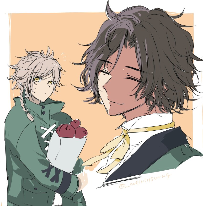 2boys blonde_hair clanne_(fire_emblem) closed_eyes fire_emblem fire_emblem_engage green_hair green_jacket highres jacket louis_(fire_emblem) messy_hair multiple_boys nintendo umi_(_oneinchswing) upper_body yellow_eyes