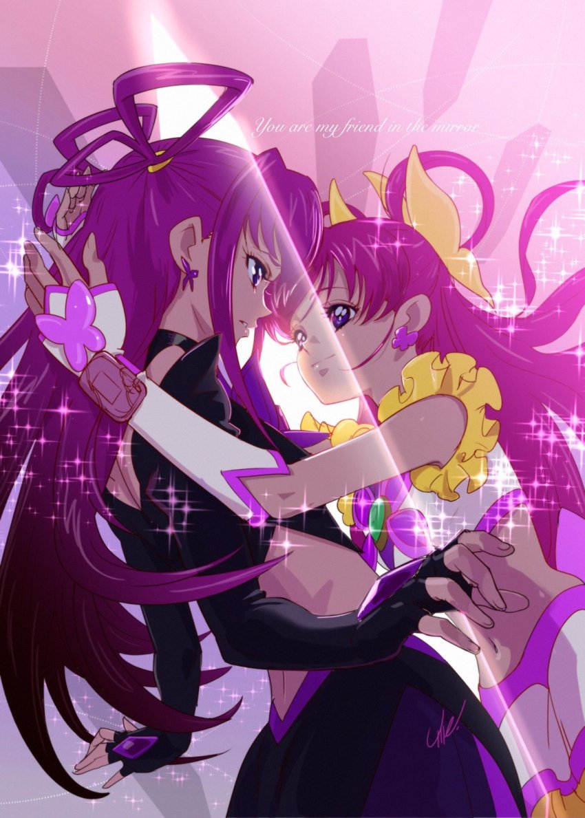 2girls back black_gloves black_skirt closed_mouth cowboy_shot cure_dream dark_cure_(yes!_precure_5) dark_dream earrings fingerless_gloves gloves hair_rings highres jewelry long_hair looking_at_another magical_girl midriff multiple_girls navel parted_lips pink_eyes pink_hair precure purple_eyes short_sleeves skirt smile umeno_ryuuji white_skirt yes!_precure_5 yumehara_nozomi