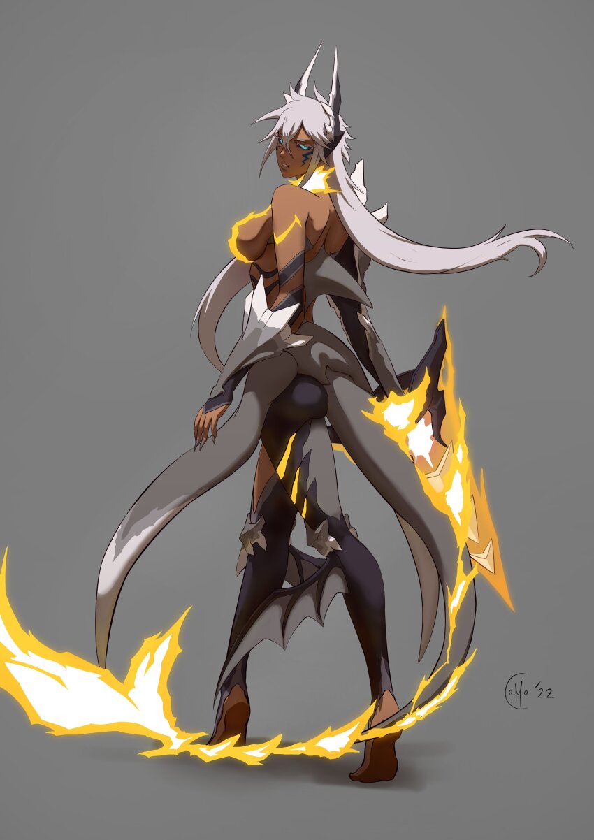 1girl absurdres alternate_form arrancar ass asymmetrical_legwear barefoot black_sclera bleach bleach:_brave_souls body_markings breasts colored_sclera commission dark-skinned_female dark_skin energy_sword facial_mark fiery_tail fingernails fins fire fish_tail flame-tipped_tail flaming_sword flaming_weapon floating_hair grey_background highres holding holding_weapon hollow_(bleach) horn_ornament horns large_breasts leg_wings leggings long_fingernails long_hair looking_at_viewer looking_back mismatched_legwear mocomiliano monster_girl parted_lips resurreccion shark_fin shark_girl shark_tail sharp_fingernails simple_background skin_tight solo sword tail tier_harribel topless_female weapon white_hair wings yellow_fire