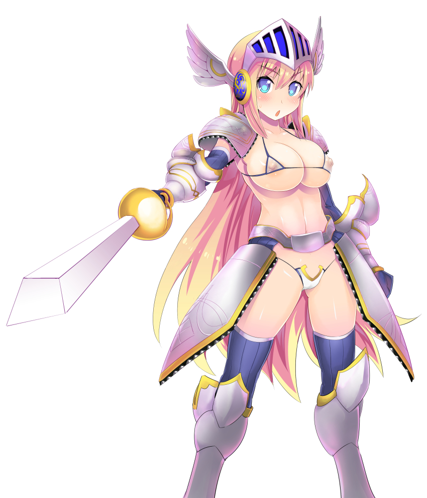 1girl absurdres armor bikini bikini_armor blonde_hair blue_eyes blush breasts covered_erect_nipples dungeons_&amp;_princess female_focus gloves greaves highres large_breasts open_mouth pauldrons shoulder_armor solmonte solo swimsuit sword takashi_moritaka thighhighs weapon