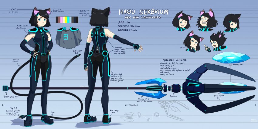 1girl absurdres animal_ears aqua_eyes bare_shoulders black_hair bodysuit cape cat_ears cat_girl reference_sheet color_guide commentary crystal detached_sleeves electric_plug english_commentary english_text fingerless_gloves from_behind full_body gloves hands_on_own_hips haqu_(suweeka) highres looking_at_viewer multiple_views original polearm short_hair suweeka tail upper_body weapon