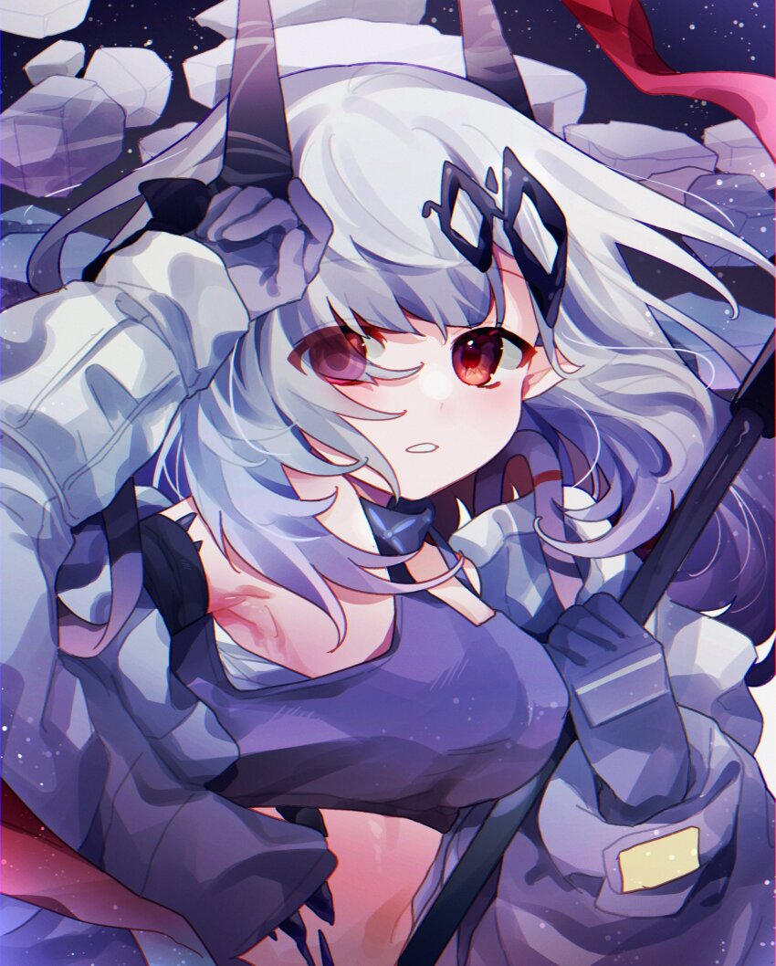 1girl arknights arm_up armpits black_gloves black_sports_bra breasts commentary demon_horns elite_ii_(arknights) eyes_visible_through_hair gloves hair_ornament highres holding holding_staff horns infection_monitor_(arknights) jumpsuit large_breasts material_growth midriff mudrock_(arknights) mudrock_(elite_ii)_(arknights) night night_sky open_jumpsuit oripathy_lesion_(arknights) outdoors pointy_ears red_eyes rock short_hair sky solo sports_bra staff star_(sky) starry_sky takumi_mizuki upper_body white_hair white_jumpsuit