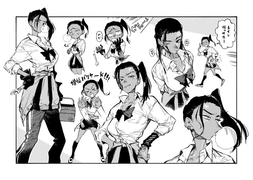 &gt;_&lt; 1girl absurdres anger_vein animification apex_legends breasts reference_sheet chewing_gum clothes_around_waist dark-skinned_female dark_skin earrings forehead greyscale grin hands_on_own_hips highres holding holding_wrench jewelry kneehighs long_hair looking_at_viewer monochrome pants pants_under_skirt pleated_skirt rampart_(apex_legends) school_uniform side_ponytail skirt smile socks sweatdrop tattoo wrench yuioni
