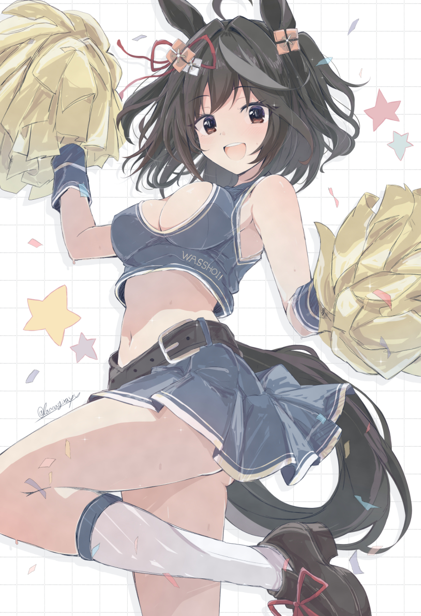 :d alternate_costume animal_ears belt black_belt black_hair black_shoes blue_skirt breasts brown_eyes cheerleader cleavage highres holding holding_pom_poms horse_ears horse_girl horse_tail kannagiray kitasan_black_(umamusume) loafers looking_at_viewer medium_breasts midriff multicolored_hair navel open_mouth pom_pom_(cheerleading) pom_poms shoes skirt smile socks standing standing_on_one_leg streaked_hair tail teeth umamusume upper_teeth_only white_hair white_socks