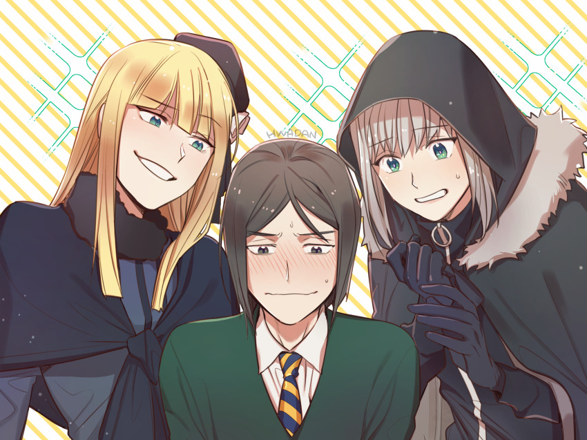 1boy 2girls black_cape black_gloves black_hat blonde_hair blue_necktie blush brown_hair cape collared_shirt fate/grand_order fate_(series) fur-trimmed_cape fur_collar fur_trim gloves gray_(fate) green_eyes green_sweater grin halorane hat highres hood hood_up hooded_cape looking_at_another lord_el-melloi_ii lord_el-melloi_ii_case_files multiple_girls necktie reines_el-melloi_archisorte shirt short_hair smile striped_background striped_necktie sweatdrop sweater teeth waver_velvet white_background yellow_background yellow_necktie