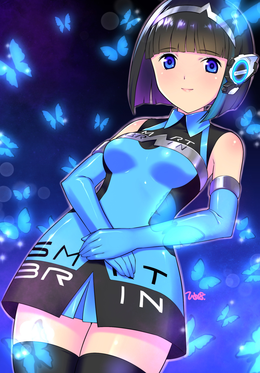 1girl black_hair black_thighhighs blue_butterfly blue_dress blue_eyes blue_gloves blunt_bangs blunt_ends bob_cut breasts bug butterfly closed_mouth collared_dress cosplay cowboy_shot dress elbow_gloves gloves highres himehachi_(hime8manga) humagear_headphones insect is_(kamen_rider_01) kamen_rider kamen_rider_01_(series) kamen_rider_555 legs_together medium_breasts short_dress short_hair silver_hairband sleeveless sleeveless_dress smart_lady smart_lady_(cosplay) smile solo standing thighhighs zettai_ryouiki