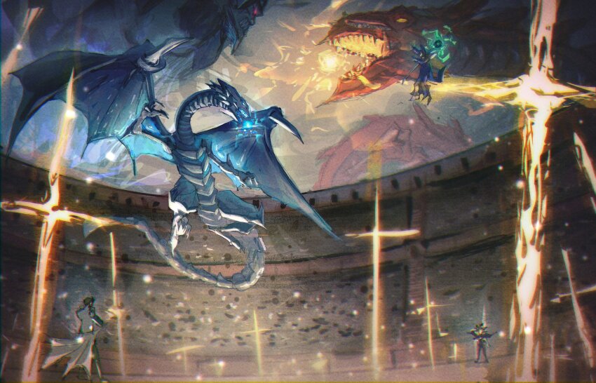 4boys arena battle blue-eyes_white_dragon blue_skin colored_skin dark_magician dragon electricity extra_mouth highres kaiba_seto multiple_boys obelisk_the_tormentor osiris_the_sky_dragon powering_up sharp_teeth sonic1nstinct swords_of_revealing_light teeth wide_shot yami_yugi yu-gi-oh! yu-gi-oh!_duel_monsters