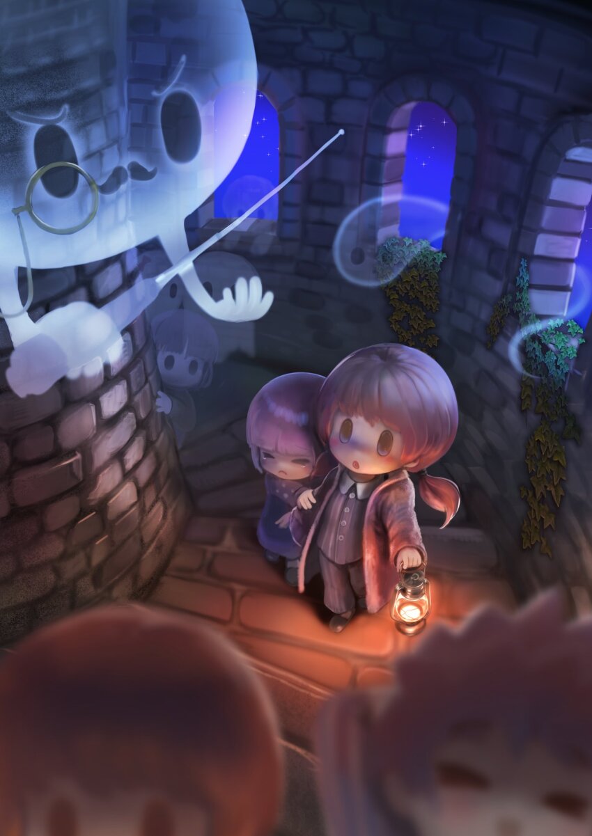 3boys 3girls bilingual_commentary black_eyes black_hair black_pants black_shirt black_shoes blue_dress blurry blurry_foreground brown_coat brown_hair closed_mouth coat conductor_baton dress facial_hair floating ghost ghost_girl ghost_tail grabbing_another&#039;s_arm highres holding holding_lantern indoors kerosene_lamp lantern long_hair low_ponytail mixed-language_commentary monocle multiple_boys multiple_girls mustache nekoita night on_stairs original pants parted_lips peeking pink_hair plant ponytail see-through_body shirt shoes short_hair short_ponytail solid_oval_eyes spiral_staircase stairs standing tower vines