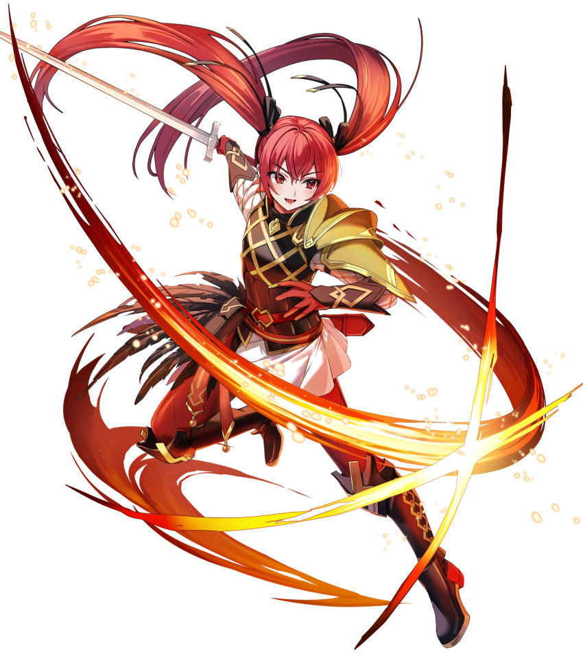 1girl armor attack boots commentary english_commentary fire_emblem fire_emblem_fates fire_emblem_heroes gambeson gloves hair_ribbon highres holding holding_sword holding_weapon leg_up leggings long_hair nintendo non-web_source official_art open_mouth parted_lips red_eyes red_hair red_leggings ribbon selena_(fire_emblem_fates) selena_(resplendent)_(fire_emblem_fates) slashing smile solo sword twintails v-shaped_eyebrows very_long_hair weapon