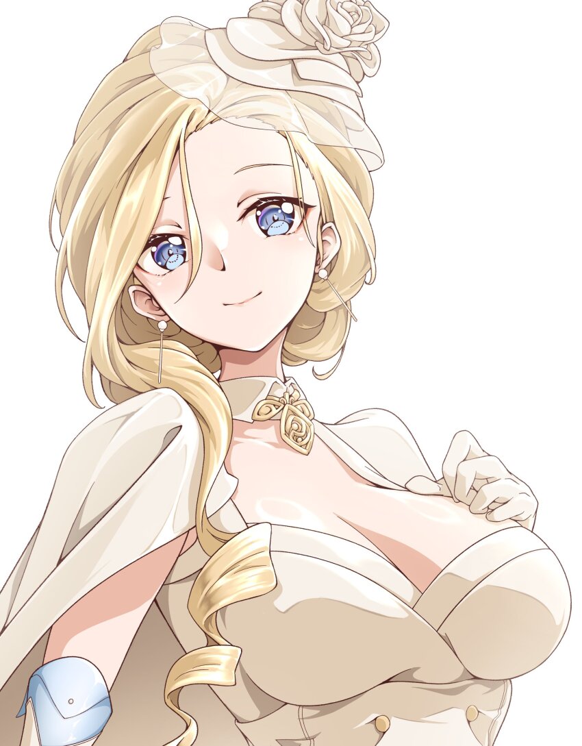1girl absurdres azur_lane blonde_hair blue_eyes breasts cleavage closed_mouth dress drill_hair earrings gloves hand_on_own_chest highres hood_(azur_lane) hood_(dawnlight&#039;s_dame)_(azur_lane) jewelry large_breasts long_hair looking_at_viewer madakov_kodima official_alternate_costume simple_background smile solo upper_body white_background white_dress white_gloves white_headwear