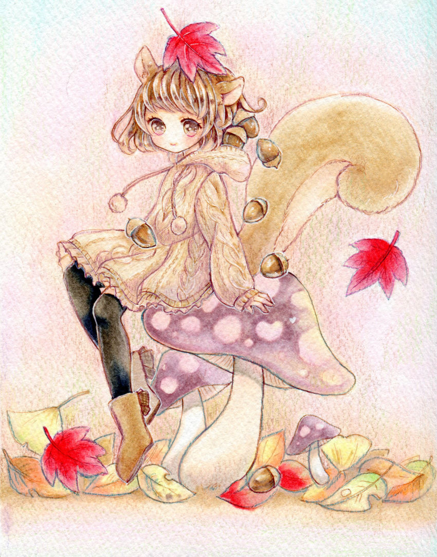 1girl amu_(m_aa) animal_ears black_pantyhose boots brown_boots brown_dress brown_eyes brown_hair cable_knit closed_mouth commentary_request drawstring dress frilled_dress frills full_body highres hood hood_down hooded_dress leaf long_sleeves maple_leaf mini_person minigirl mushroom on_mushroom original painting_(medium) pantyhose pom_pom_(clothes) short_hair sitting sitting_on_mushroom sleeves_past_wrists smile solo squirrel_ears squirrel_girl squirrel_tail sweater sweater_dress tail traditional_media watercolor_(medium)