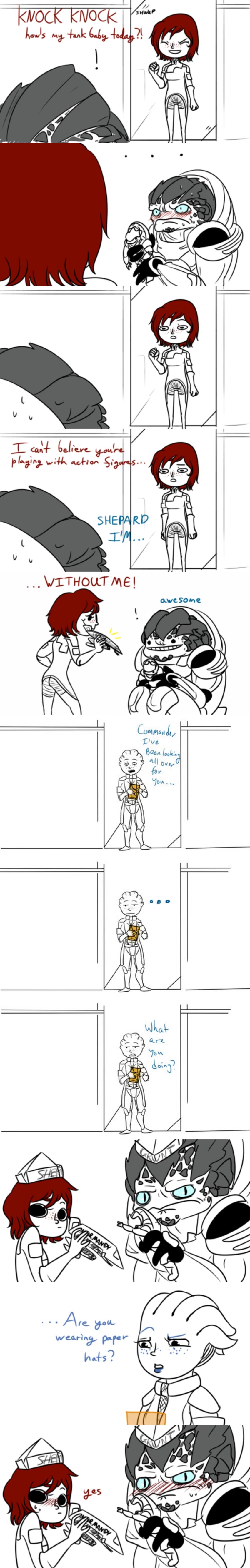 1boy 2girls absurdres action_figure asari_(mass_effect) blush comic commander_shepard commander_shepard_(female) embarrassed english_text greyscale grunt_(mass_effect) highres krogan liara_t&#039;soni lintufriikki mass_effect_(series) monochrome multiple_girls tumblr tumblr_username white_background