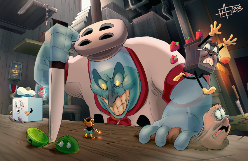 blue_skin chain character_name chef_hat chef_saltbaker colored_skin crazy_eyes crying cuphead cuphead_(game) english_text food frown fruit ghost grin hat highres holding holding_knife ice ice_cube indoors knife lime_(fruit) medal ms._chalice mugman planted radiobarf smile spoilers strawberry table teeth yellow_eyes