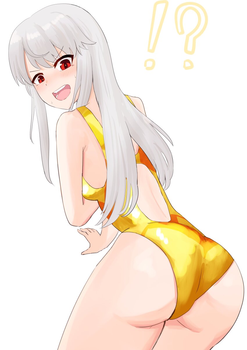1girl absurdres alice_gear_aegis ass gold_one-piece_swimsuit grey_hair highres jinguuji_mari long_hair okra_(osakimakkura33) one-piece_swimsuit red_eyes swimsuit