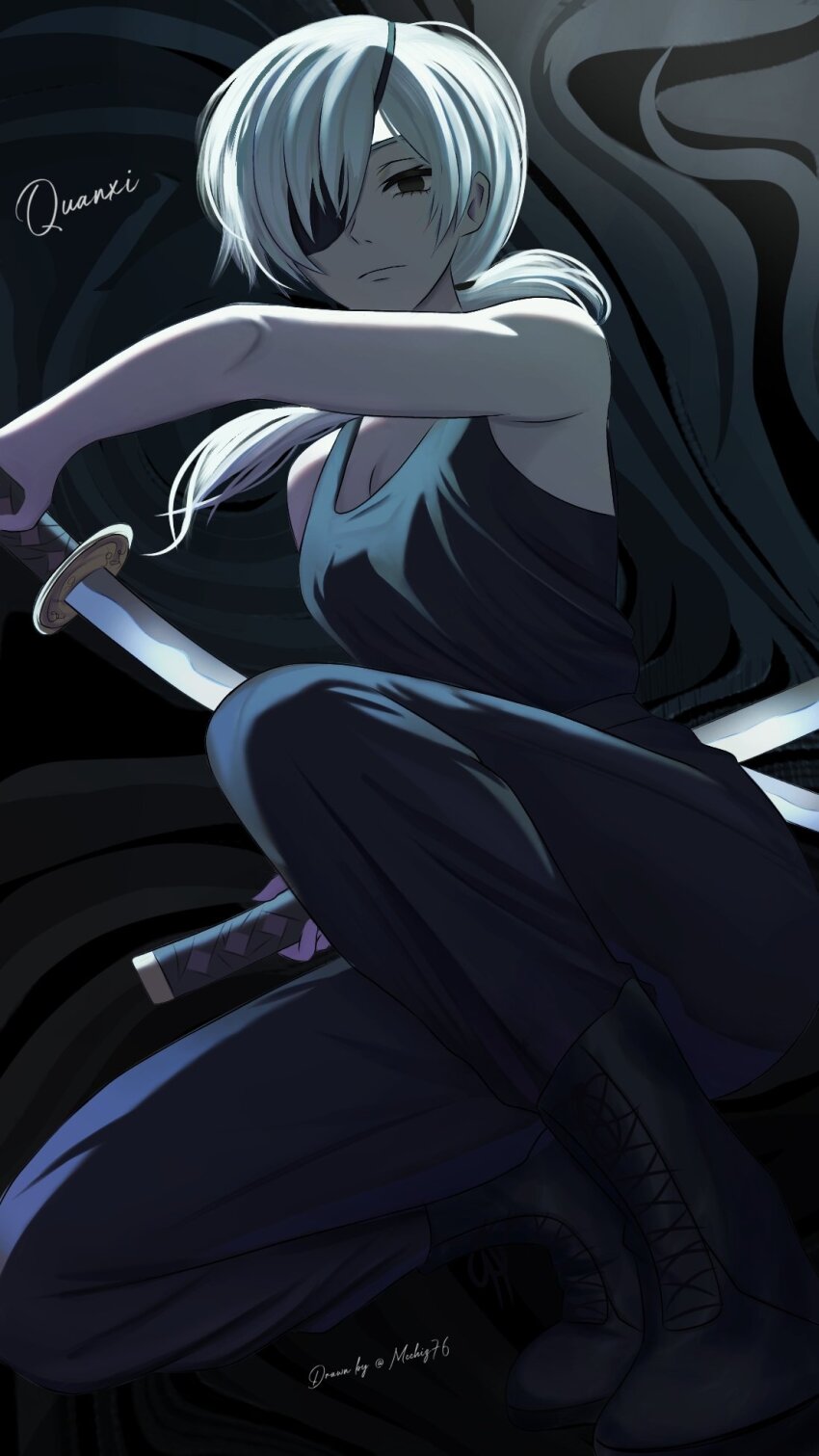 1girl black_eyes black_pants black_tank_top breasts chainsaw_man cleavage closed_mouth expressionless eyepatch grey_hair highres holding holding_sword holding_weapon long_hair mccheese medium_breasts pants ponytail quanxi_(chainsaw_man) solo squatting sword tank_top weapon