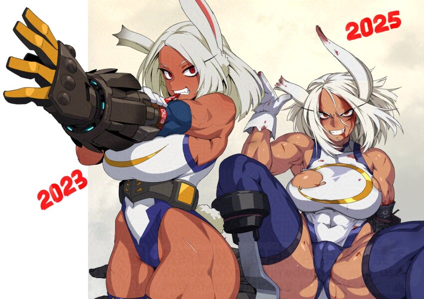 1girl adversarial_noise animal_ear_fluff animal_ears animal_print bare_shoulders blood blood+ blood_on_face blue_thighhighs boku_no_hero_academia breasts clothing_cutout commentary_request covered_abs covered_navel cowboy_shot crescent_print dark-skinned_female dark_skin dated gloves highleg highleg_leotard large_breasts leotard long_eyelashes mechanical_arms mechanical_ears medium_hair mikoyan mirko muscular muscular_female notched_ear parted_bangs print_background prosthesis prosthetic_arm prosthetic_leg rabbit_ears rabbit_girl rabbit_print rabbit_tail red_eyes scar scar_on_face scar_on_leg sleeveless_turtleneck_leotard smile solo standing tail tail_through_clothes tan thick_thighs thighhighs thighs torn_clothes v-shaped_eyebrows watermark white_gloves white_hair white_leotard