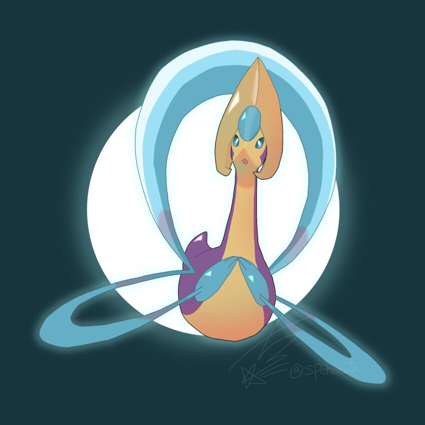 alternate_color animal_focus artist_name blue_sclera chocota_(spchocota) colored_sclera cresselia floating full_body full_moon gen_4_pokemon highres legendary_pokemon looking_at_viewer moon night nintendo no_humans open_mouth outdoors pokemon pokemon_(creature) shiny_pokemon signature solo twitter_username white_eyes