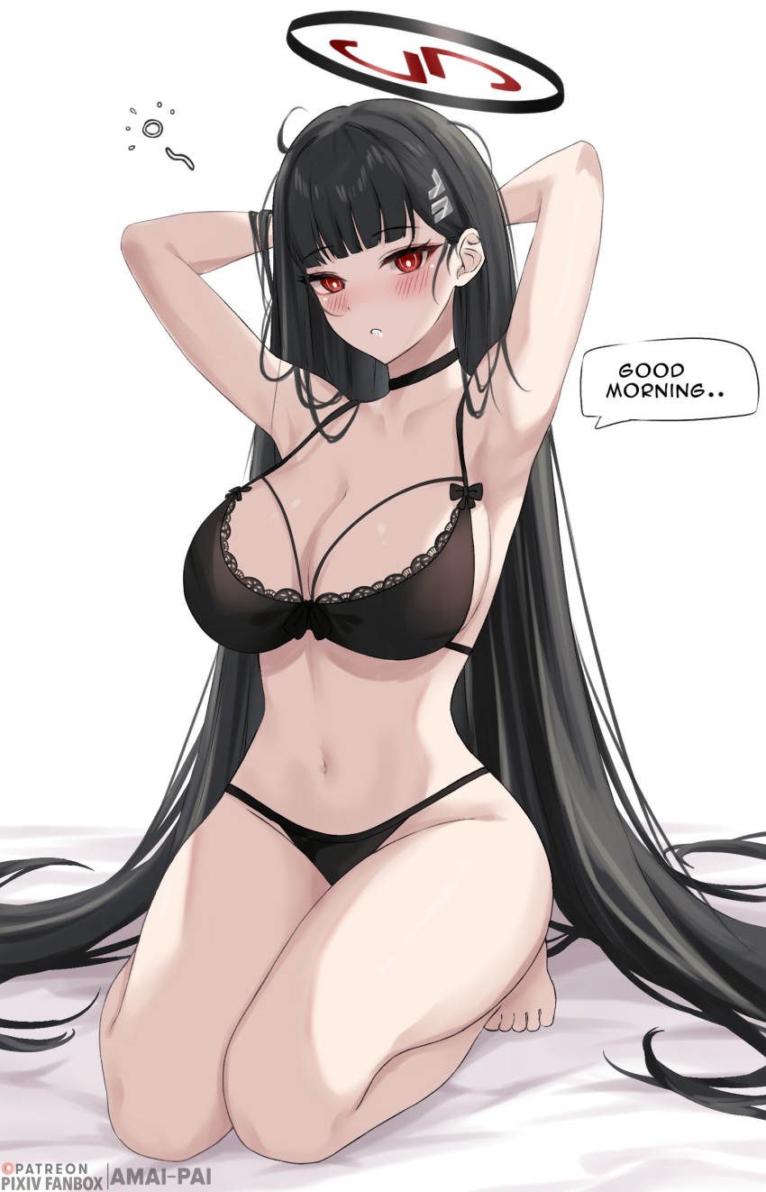 1girl amai-pai armpits arms_behind_head black_bra black_hair black_halo black_panties blue_archive blunt_bangs blush bra breasts english_text fanbox_username halo highres large_breasts long_hair looking_at_viewer panties patreon_username red_eyes rio_(blue_archive) simple_background sitting sleepy solo speech_bubble squeans thighs underwear underwear_only wariza white_background