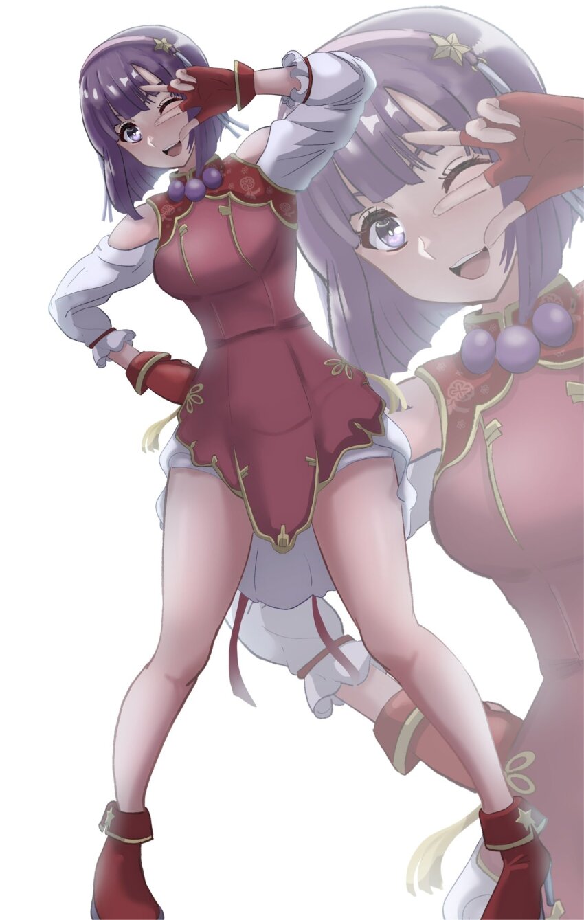 1girl asamiya_athena bike_shorts boots breasts curvy dress female_focus gloves hairband hand_on_own_hip hand_up hidora1716 huge_breasts large_breasts looking_at_viewer one_eye_closed open_mouth pale_skin purple_eyes purple_hair short_hair smile standing star_(symbol) the_king_of_fighters thick_thighs thighs wide_hips wink zoom_layer