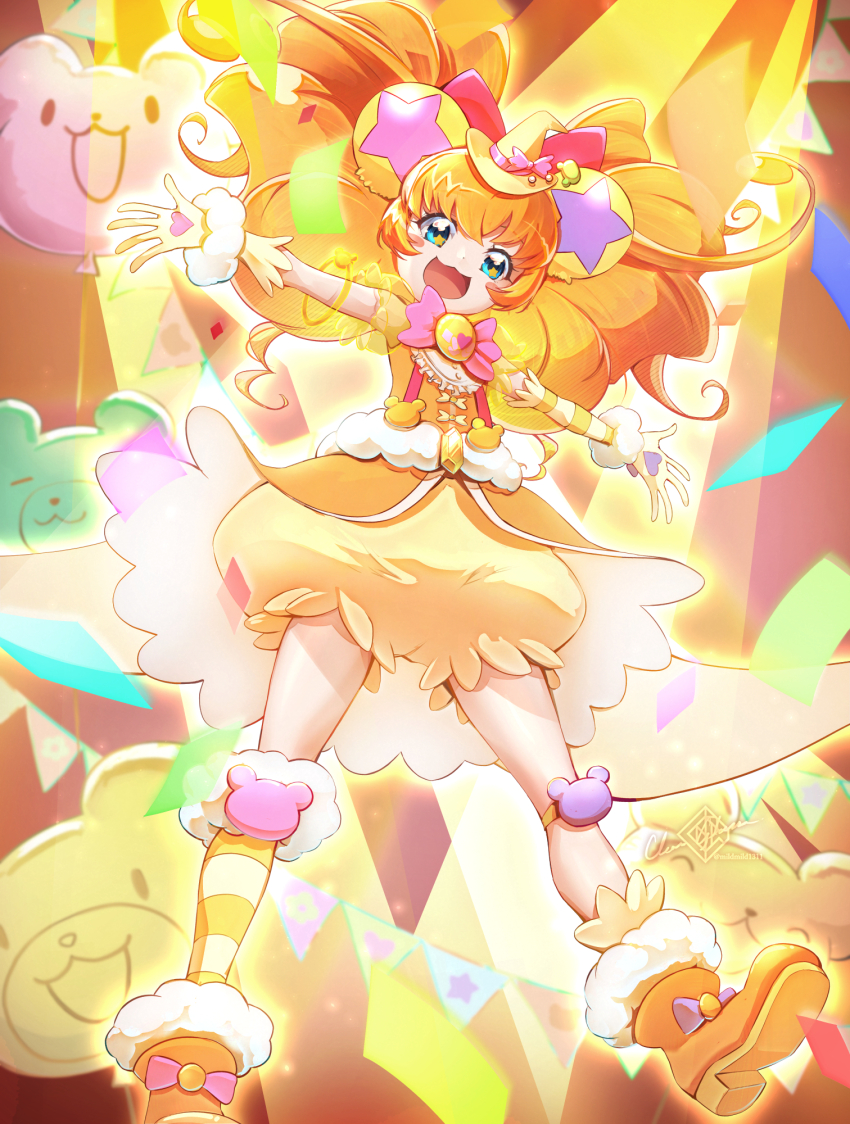 1girl :d animal_ears arm_warmers artist_name bear_ears bloomers blue_eyes boots brooch broom clear_glass_(mildmild1311) commentary_request cure_mofurun eyelashes gloves happy hat highres jewelry long_hair looking_at_viewer magical_girl mahou_girls_precure! mini_hat mini_witch_hat mofurun_(mahou_girls_precure!) open_mouth orange_boots personification precure signature single_arm_warmer single_sock smile socks solo star_(symbol) star_in_eye striped_arm_warmers striped_clothes striped_socks symbol_in_eye twitter_username underwear witch_hat yellow_bloomers yellow_gloves yellow_hat