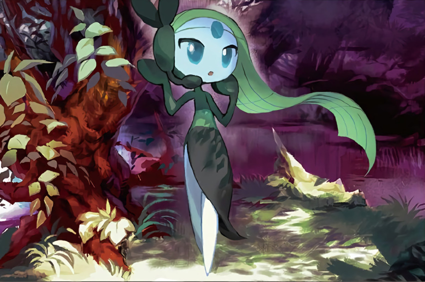 :o blue_eyes gen_5_pokemon green_hair hands_up kawaguchi_youhei legendary_pokemon long_hair meloetta mythical_pokemon nintendo official_art pokemon pokemon_(creature) pokemon_tcg solo standing third-party_source