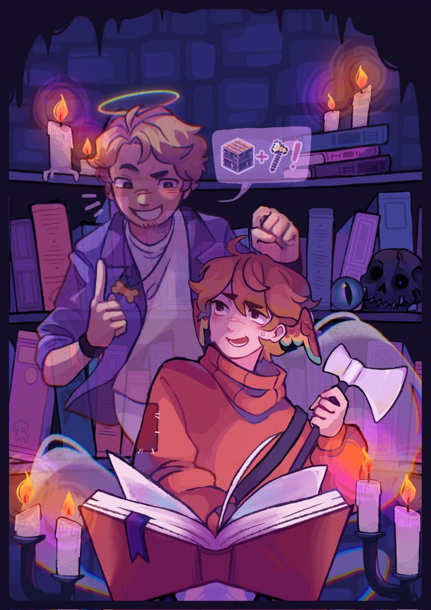 ! 2boys ahoge axe bird_boy bird_wings blonde_hair bone bone_necklace book brown_eyes candle commentary enchantment_table english_commentary eye_of_ender ghost ghost_tail grian_(youtuber) grin halo head_wings highres holding holding_axe indoors jacket jewelry light_brown_hair looking_at_another male_focus meme minecraft minecraft_axe minecraft_youtube multiple_boys necklace oddissey open_clothes open_jacket red_sweater secret_life_smp short_hair skull smile solidaritygaming speech_bubble sweater tbh_creature_(meme) traditional_halo traffic_life_series wings wither_skull
