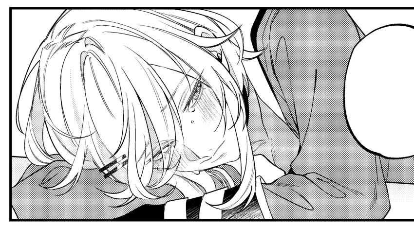 1girl arms_on_table blank_speech_bubble blush closed_mouth commentary_request crossed_arms crying crying_with_eyes_open eyes_visible_through_hair frown gloves greyscale hair_between_eyes hair_ornament hairclip head_on_table highres lips long_sleeves looking_at_viewer military_uniform monochrome nightingale_(path_to_nowhere) no_headwear path_to_nowhere sad shirt short_hair_with_long_locks solo speech_bubble teardrop tears toho10min upper_body
