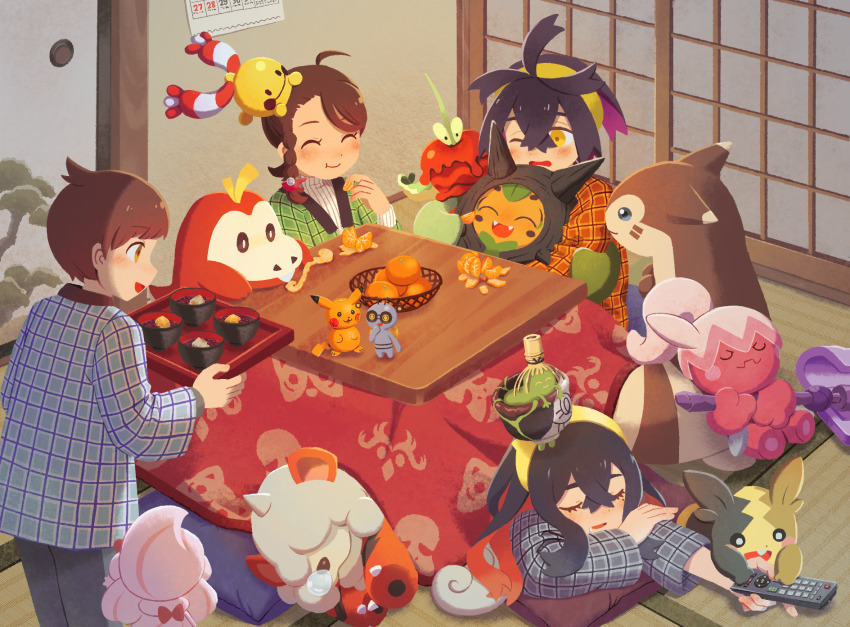 2boys 2girls :d :t alcremie blush braid brown_eyes brown_hair carmine_(pokemon) chingling closed_eyes closed_mouth commentary_request controller dipplin eating florian_(pokemon) food fruit fuecoco furret gen_1_pokemon gen_2_pokemon gen_4_pokemon gen_8_pokemon gimmighoul gimmighoul_(roaming) highres hisuian_growlithe holding holding_remote_control holding_tray indoors iroidori4422 juliana_(pokemon) kieran_(pokemon) kotatsu long_sleeves lying morpeko morpeko_(full) multiple_boys multiple_girls nintendo ogerpon on_stomach one_eye_closed open_mouth orange_(fruit) pikachu pokemon pokemon_(creature) pokemon_sv remote_control short_hair sinistea smile table tatami tinkatuff tray