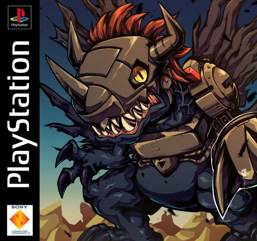 black_wings blue_skin box_art colored_skin commentary cyborg derivative_work digimon digimon_(creature) digimon_world dinosaur english_commentary fake_box_art helmet highres horns long_hair mechanical_arms metalgreymon_(virus) no_humans playstation_logo red_hair ridgeone sharp_teeth single_mechanical_arm slit_pupils solo spiked_hair teeth torn_wings video_game_cover_redraw wings yellow_eyes