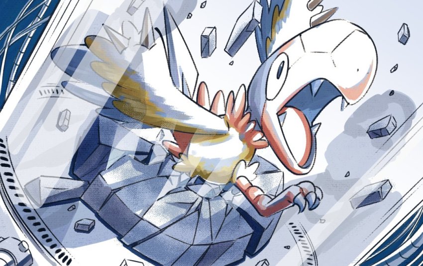 archen bird black_eyes commentary_request crack fangs fossil gen_5_pokemon mukiguri nintendo no_humans open_mouth pokemon pokemon_(creature) rock solo tongue