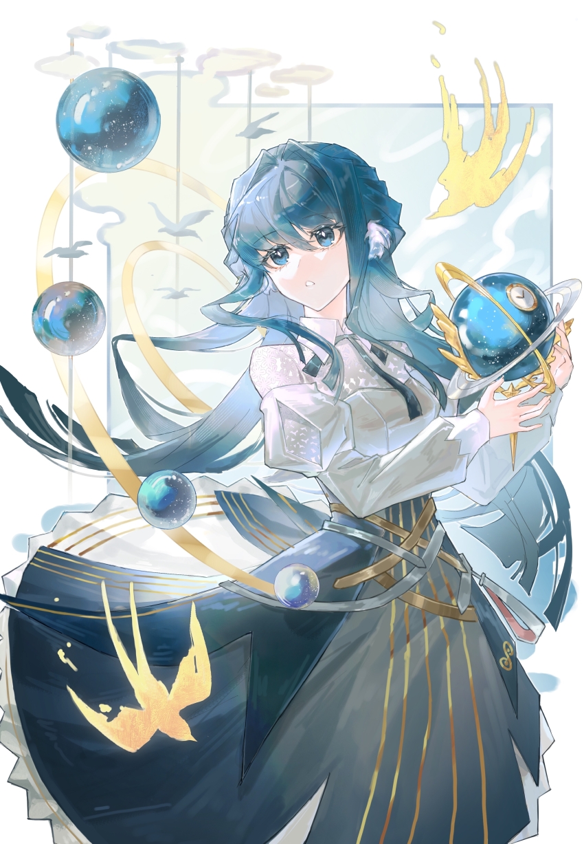 1girl :o absurdres arknights astesia_(arknights) bird blue_eyes blue_hair blue_skirt bright_pupils celestial_globe commission dress highres layered_dress long_sleeves object_floating_above_hand parted_lips skirt solo white_dress white_pupils yinxingbufuqiu04875