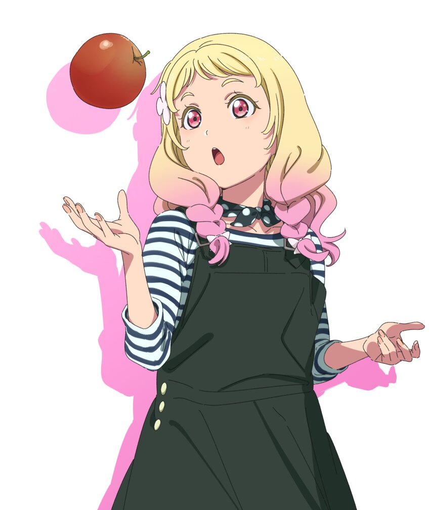 1girl apple blonde_hair blush braid colored_shadow cowboy_shot drop_shadow flower food fruit gradient_hair green_overalls hair_flower hair_ornament hands_up highres long_hair long_sleeves love_live! love_live!_superstar!! low_twin_braids multicolored_hair neck_ribbon onitsuka_natsumi open_mouth overalls pink_eyes pink_hair pink_nails polka_dot polka_dot_ribbon ribbon sano_keiichi shadow shirt simple_background solo standing striped_clothes striped_shirt teeth twin_braids upper_teeth_only white_background