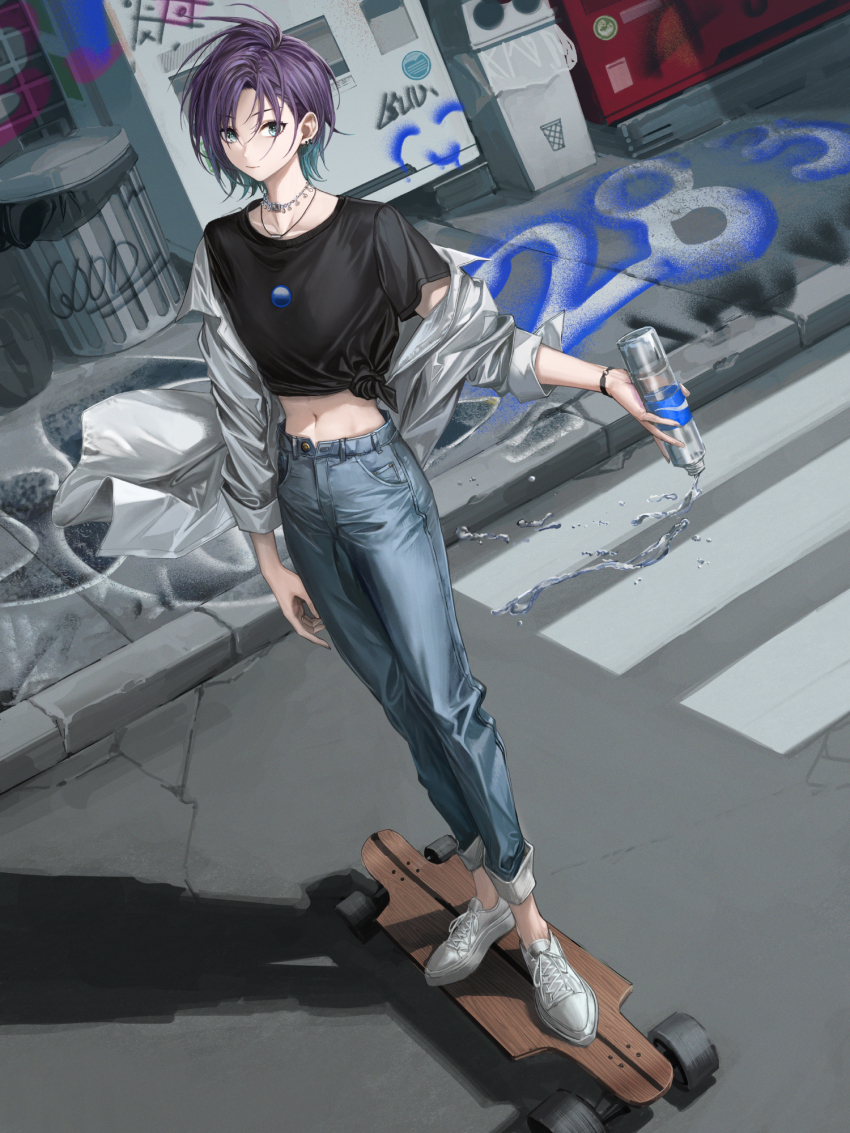 1girl asakura_toru black_shirt blue_eyes blue_pants bottle collarbone commentary denim full_body gradient_hair highres holding holding_bottle idolmaster idolmaster_shiny_colors infukun jacket jeans jewelry looking_at_viewer multicolored_hair navel necklace pants shirt shoes short_hair short_sleeves skateboard sneakers solo tied_shirt water water_bottle white_jacket white_shoes