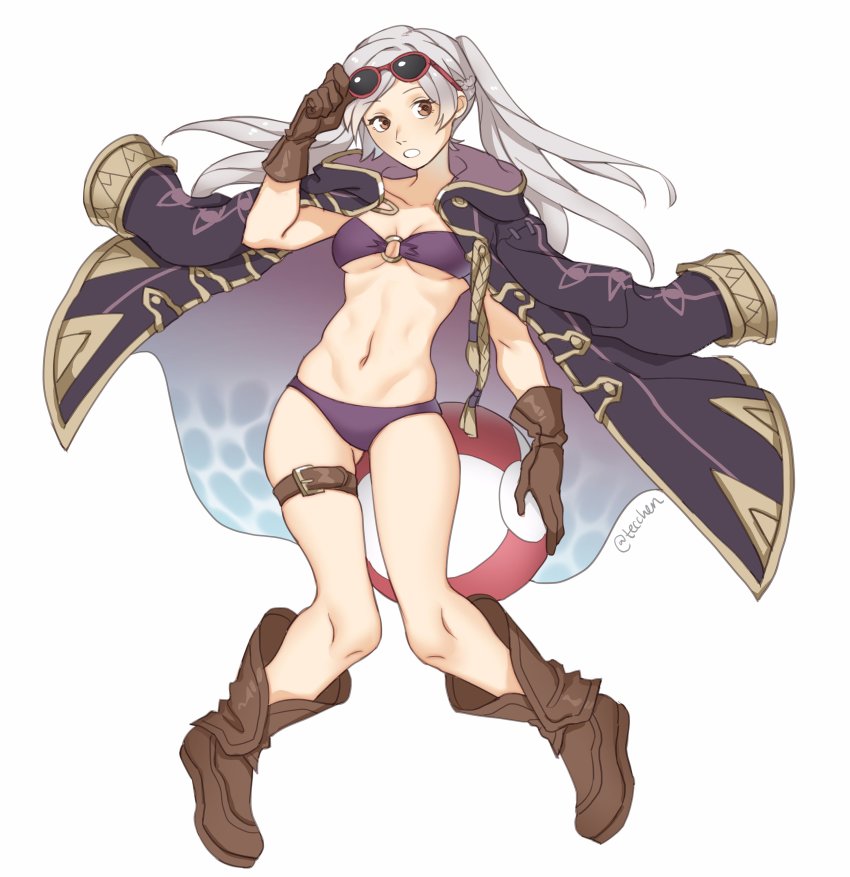 @storm5958 absurdres bikini boots breasts eyewear_on_head female_robin_(fire_emblem) fire_emblem fire_emblem_awakening fire_emblem_heroes full_body gloves highres jake_brito lauren_landa long_hair looking_at_viewer navel nintendo robe sawashiro_miyuki simple_background solo sunglasses swimsuit tecchen twintails underboob voice_actor_connection white_background white_hair