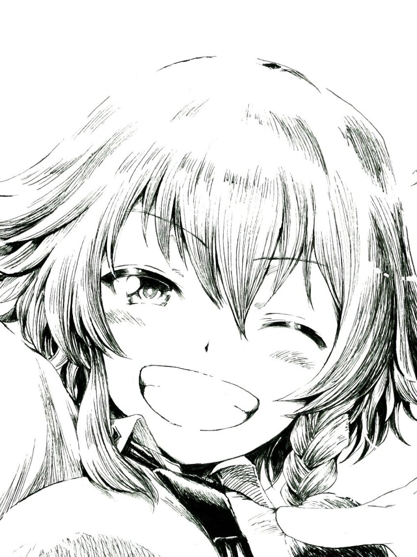 1girl ;d anzio_school_uniform black_necktie blush braid breasts girls_und_panzer greyscale hair_between_eyes hashtag-only_commentary highres large_breasts looking_at_viewer medium_hair monochrome necktie one_eye_closed open_mouth pepperoni_(girls_und_panzer) sawamin school_uniform side_braid single_braid smile solo white_background