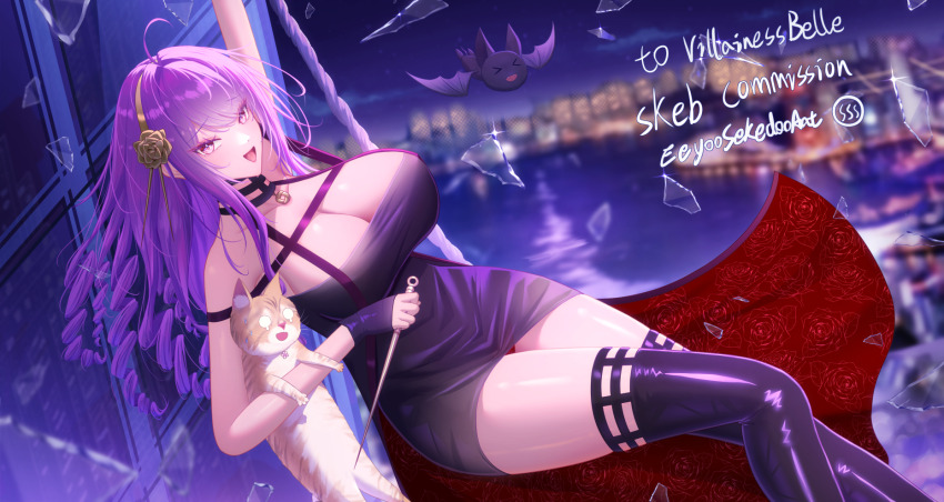 &gt;_&lt; 1girl :d artist_name bat_(animal) blurry blurry_background breasts broken_glass cat cleavage commission cosplay dress drill_hair earrings eeyoosekedooaat glass glass_shards gold_earrings gold_hairband hairband highres holding holding_knife huge_breasts jewelry knife long_hair looking_at_viewer microdress night open_mouth original purple_dress purple_eyes shattered skeb_commission smile solo spy_x_family thighhighs xd yor_briar yor_briar_(cosplay) zettai_ryouiki