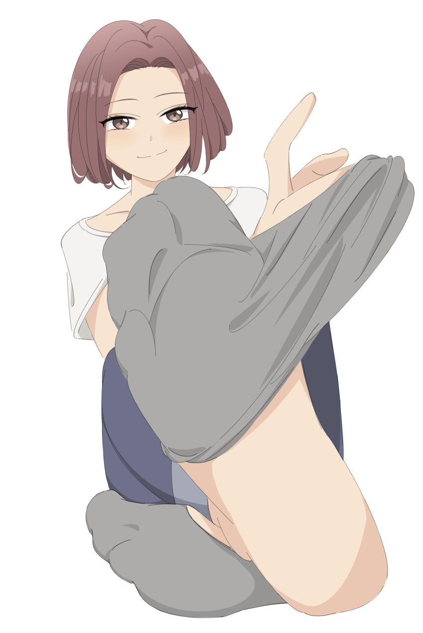 1girl absurdres barefoot brown_eyes brown_hair danjo_no_yuujou_wa_seiritsu_suru? feet grey_socks highres looking_at_viewer medium_hair natsume_sakura sa@mobuliaoyu smile socks soles toes unworn_socks