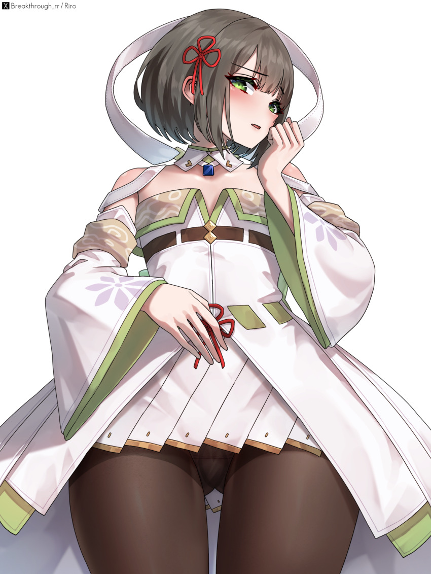 1girl artist_name blush brown_hair brown_pantyhose commentary_request completion_time cowboy_shot detached_collar detached_sleeves dress flat_chest from_below green_eyes green_trim highres looking_at_viewer miyabi_(xenoblade) open_mouth paid_reward_available panties panties_under_pantyhose pantyhose pleated_skirt riro_(breakthrough_rr) short_hair simple_background skirt solo twitter_x_logo underwear white_background white_dress white_skirt white_sleeves xenoblade_chronicles_(series) xenoblade_chronicles_3