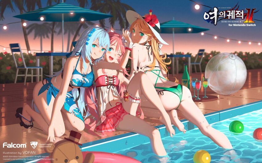 3girls ;d alcohol aqua_eyes arm_around_shoulder artist_name ass back ball barefoot beachball bikini bikini_skirt blonde_hair blue_bikini blue_eyes blue_hair blue_nails blue_sarong blush bottle bracelet braid breasts chair cleavage closed_mouth cross-laced_clothes cup drinking_glass dusk eiyuu_densetsu elaine_auclair falcom flower foot_out_of_frame frilled_bracelet furrowed_brow geta green_bikini hair_flower hair_ornament halterneck hat hat_flower hibiscus highres innertube jewelry kneeling korean_commentary kuro_no_kiseki kuro_no_kiseki_(series) kuro_no_kiseki_ii layered_bikini licking_lips light_blue_hair logo long_hair looking_at_viewer looking_back medium_breasts multiple_girls nadia_rayne nail_polish navel necklace official_art one_eye_closed open_mouth palm_tree patio_umbrella pink_bikini pink_hair pool poolside sarong second-party_source shizuna_rem_misurugi side-tie_bikini_bottom sitting small_breasts smile soaking_feet soles star_(symbol) star_necklace stuffed_animal stuffed_toy sun_hat swim_ring swimsuit table teddy_bear thigh_strap toenail_polish toenails tongue tongue_out tree vofan watermark wave_print wet white_hat wine_glass