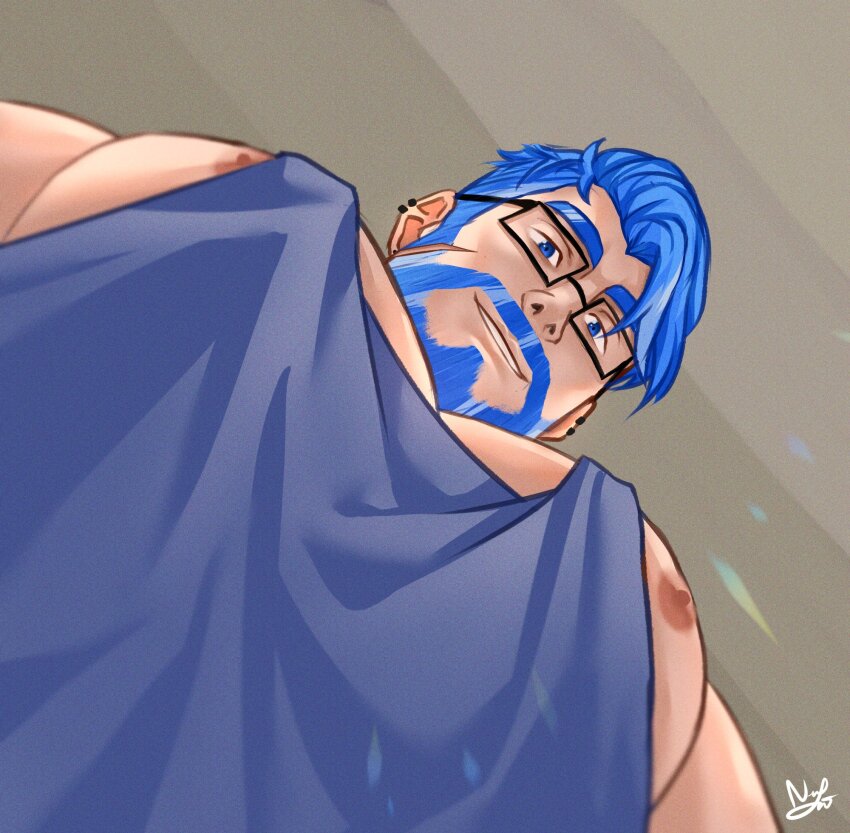 1boy bara beard blue_eyes blue_hair blue_tank_top connected_beard daji_takaishi_(takai_43) foreshortening from_below glasses highres large_pectorals light_rays looking_at_viewer looking_down male_focus mature_male meme muscular muscular_male nipple_slip nipples original pec_pov_(meme) pectoral_cleavage pectoral_focus pectorals photo-referenced short_hair sidepec smile solo tank_top thick_eyebrows upper_body