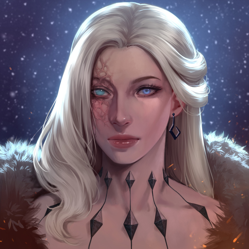 1girl absurdres annasassiart blonde_hair blue_eyes burn_scar close-up earrings fur_trim genshin_impact highres jewelry long_hair looking_at_viewer painterly partially_blind portrait red_lips scar scar_on_face signora_(genshin_impact) single_earring solo