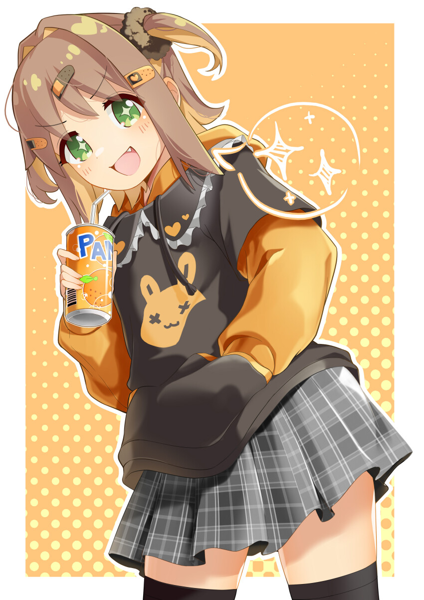+_+ 1girl absurdres bandaid black_thighhighs blush can dot_nose drink drink_can drinking_straw fang female_focus food fruit heart_(symbol) highres holding holding_drink hood long_sleeves looking_at_viewer multicolored_hair oka_asahi onii-chan_wa_oshimai! open_mouth orange_(fruit) plaid_clothes plaid_skirt rabbit_ears rn85985 skirt soda soda_can solo standing star_(symbol) thighhighs x_x