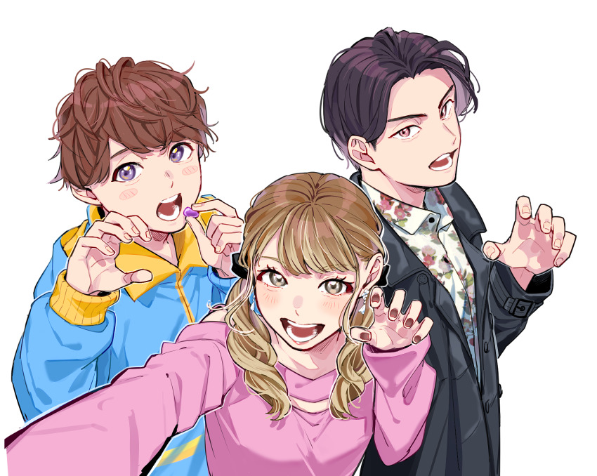 1girl aam09212 amane_sachika blonde_hair blue_hoodie brown_eyes brown_hair earrings highres hood hoodie inoue_shouma jacket jewelry kamen_rider kamen_rider_gavv_(series) karakida_hanto long_hair multiple_boys open_mouth purple_eyes short_hair simple_background white_background